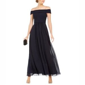 Adrianna Papell Midnight Navy Off Shoulder Crepe Chiffon‎ Maxi Gown Dress 10